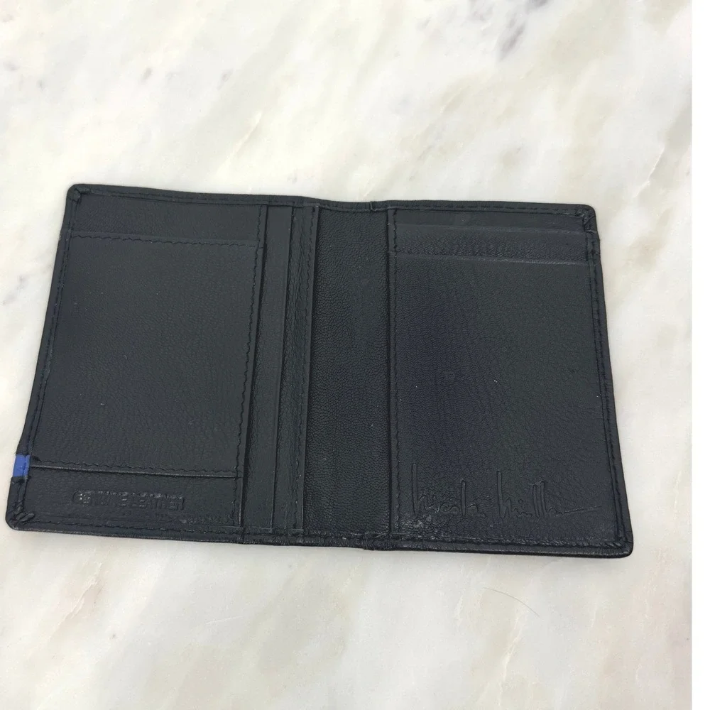 Nicole Miller Mens Black Genuine Leather Bifold Wallet Blue Stripe ID Window